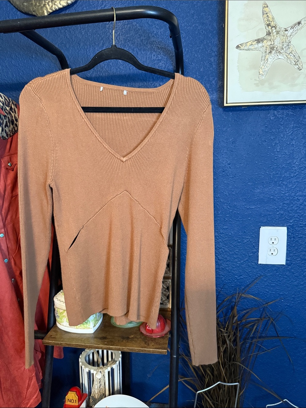 Ribbed V-Neck Long Sleeve Top - Rust